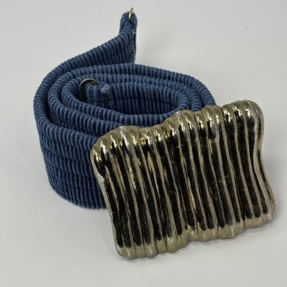 Vintage Navy Blue Elastic‎ Cinch Belt Gold Tone Textured Sculptural Buckle Retro